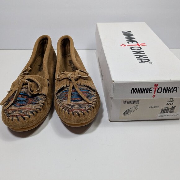 Minnetonka El Paso II Fringe Hardsole Suede Moccasins Size 8.5 Boho Bohemian - Picture 1 of 12